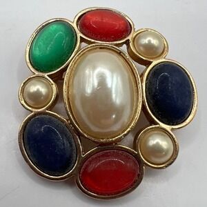 Vintage Avon Brooch Faux Pearl‎ Green Red Blue Cabochon Pin